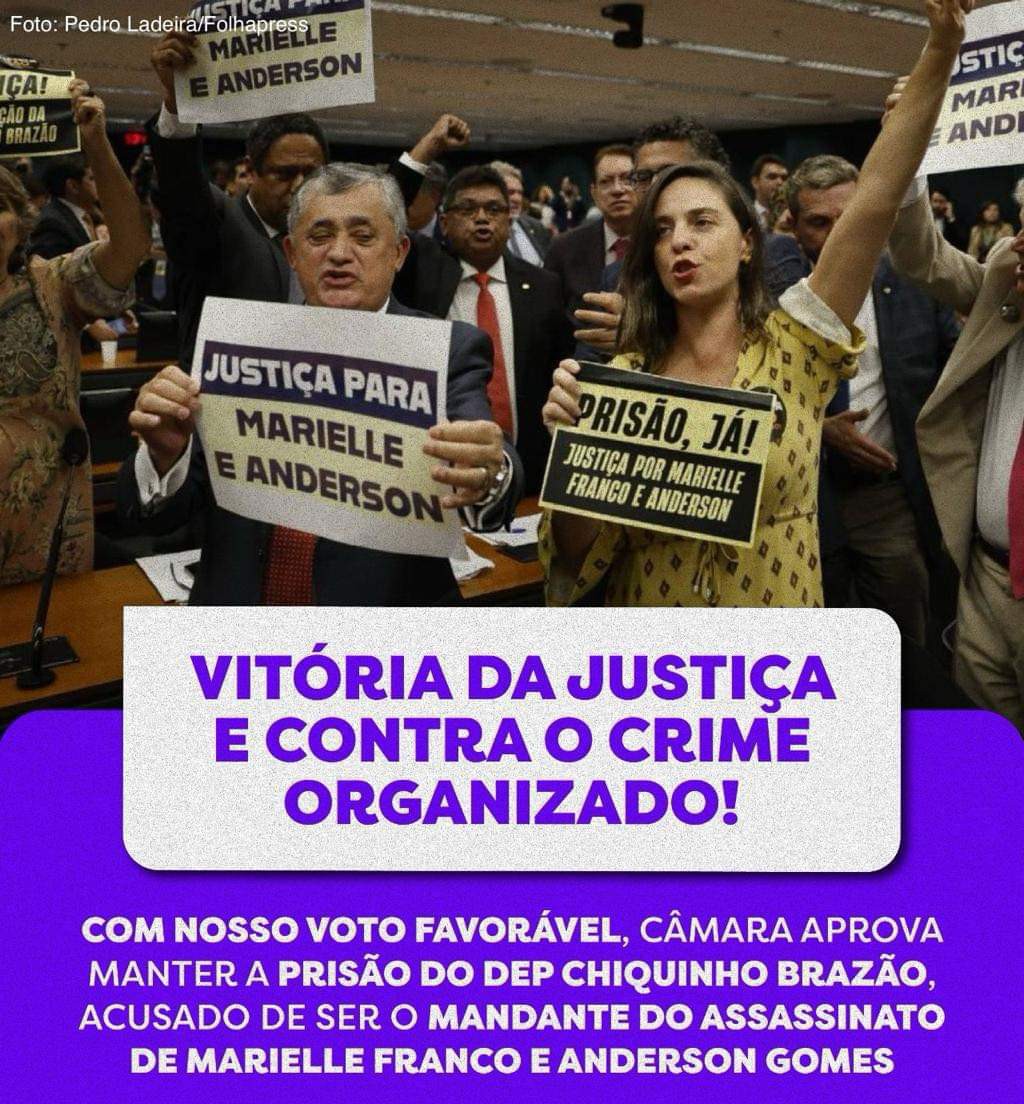 Por 277 votos favoráveis e 129 contrários, Câmara dos Deputados, com nosso voto favorável, vota pela manutenção da prisão do dep. Chiquinho Brazão, acusado pelo assassinato de Marielle e Anderson Gomes. Um importante passo na nossa luta por justiça e contra o crime organizado!