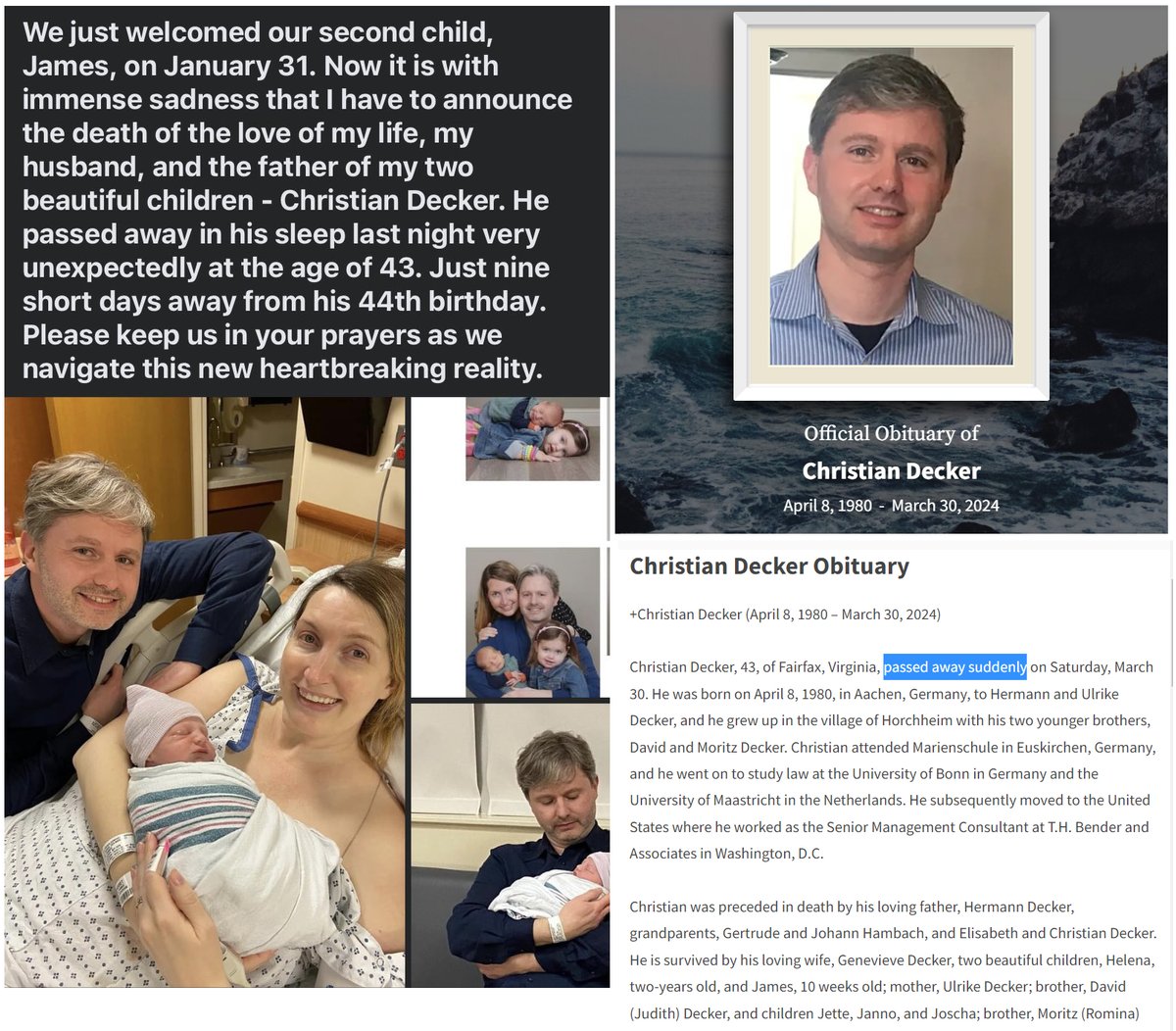 Fairfax, VA - 43 year old lawyer Christian Decker just had a new baby when he died suddenly in his sleep on March 30, 2024

Any sudden death in sleep in the COVID-19 mRNA Vaccine era should be considered mRNA Induced sudden cardiac death until proven otherwise

#DiedSuddenly