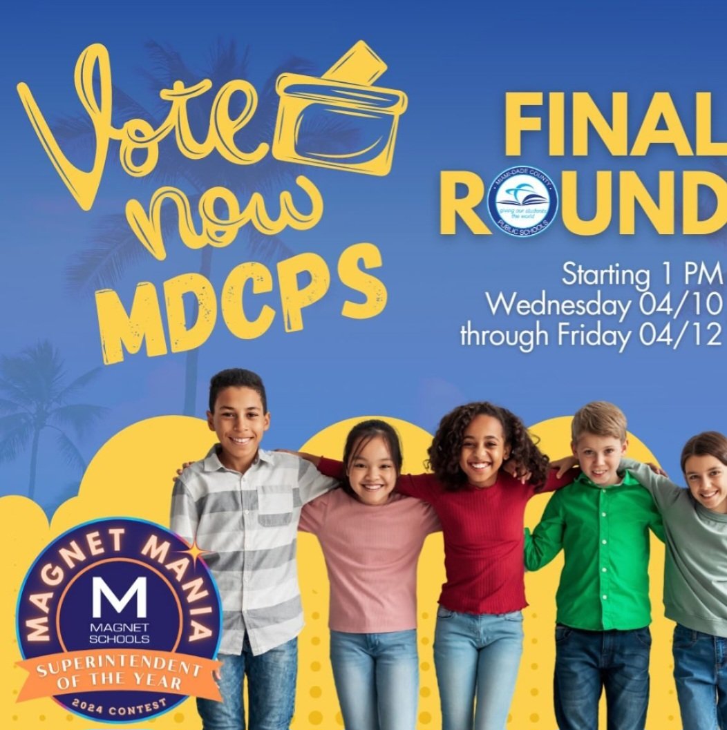Every vote counts! Let’s rally together and cast our votes for MDCPS in the FINAL ROUND of the Magnet Mania SOY Contest! Voting is open from 04/10 to 04/12. Let’s make it happen! Vote here: shorturl.at/pFGP1 #YourBestChoiceMDCPS #MagnetMania