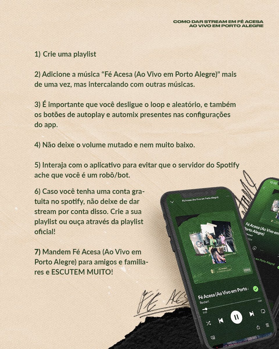 Para melhor desempenho nas plataformas, criamos a playlist “FÉ ACESA + MINIONS” intercalando com uma canção de curta duração.

Lembrando que ouvir a música no repeat não contabiliza para as plataformas digitais! Bora junto? 

COMPARTILHA COM GERAL! :)

🎧: open.spotify.com/playlist/6Lo1V…