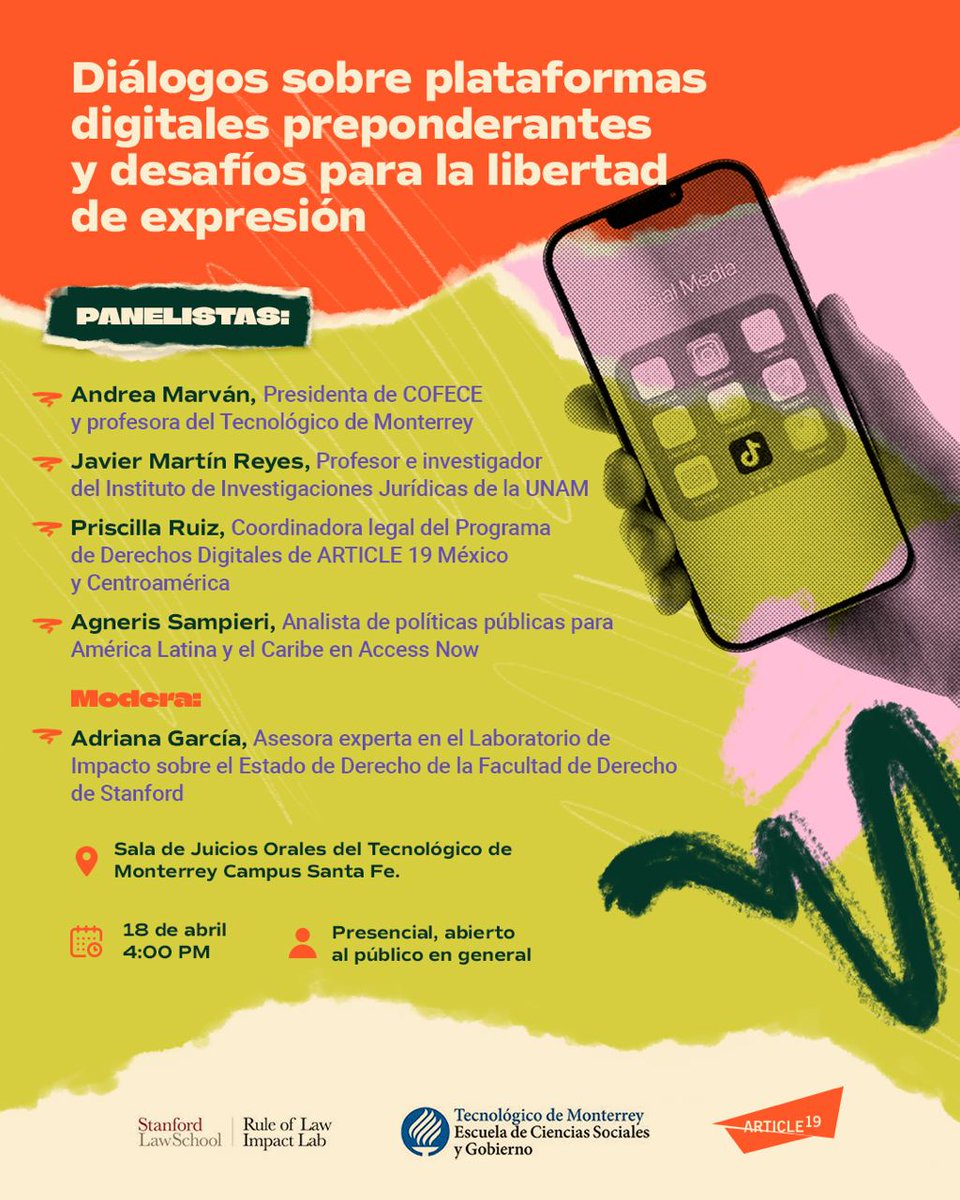 📌 ¡Que no se te pase! Acompáñanos en este diálogo sobre plataformas digitales preponderantes y desafíos para la libertad de expresión. 🙌 Organizado por ARTICLE 19, @StanfordLaw y el @TecdeMonterrey 📆 18 de abril a las 16:00 h articulo19.org/evento/dialogo…