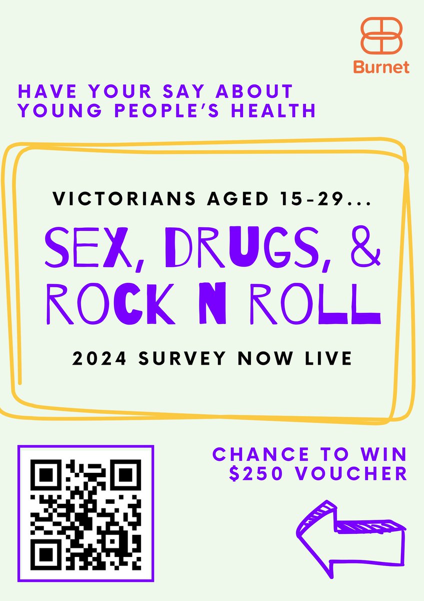 The Sex, Drugs, & Rock’n’Roll study is an annual survey by @BurnetInstitute investigating young people’s #health & #Wellbeing to inform health promotion campaigns. If you're 15-29 years, complete the survey & you could win $250: bit.ly/3IUDzYU Please share widely.