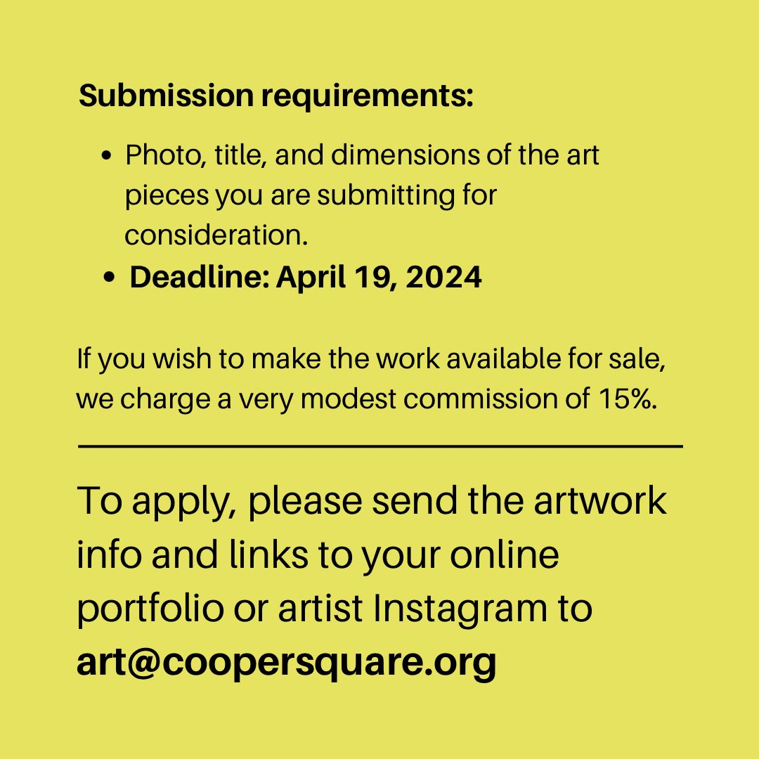 🏳️‍🌈 Calling LGBTQ+ Artists! 🎨✨Submit your artwork for our Pride Month exhibit themed 'No Place Like Home.' Opening reception on June 3, 2024. Submission deadline: April 19, 2024. Send photo, title, dimensions to art@coopersquare.org 💌