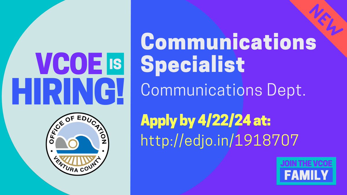 The Ventura County Office of Education is now recruiting for a Communications Specialist to join our award-winning communications team. If you have a talent for telling compelling stories and a passion for public education, apply by April 22, 2024, at buff.ly/3VTc6yo