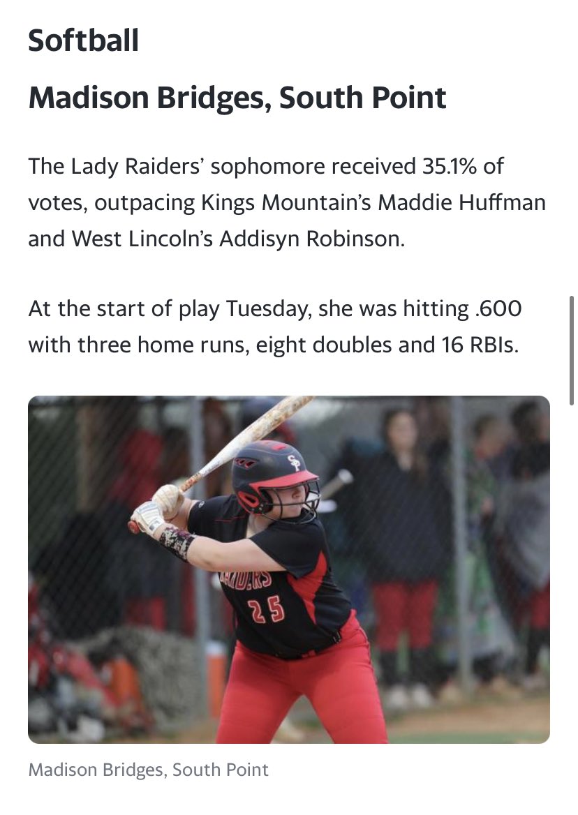 CarolinaCurveW's tweet photo. 🎉Congratulations to our 2026 1B/3B @Madison_25B on her award for being chosen as Mid-Season Player of the Year for the Gastonia/Shelby area. Madison attends South Point HS and is on🔥this year both offensively and defensively!! Battling avg of .600, 3 HRs, 8 doubles, 16RBIs! https://t.co/JeeZ9NRh9J