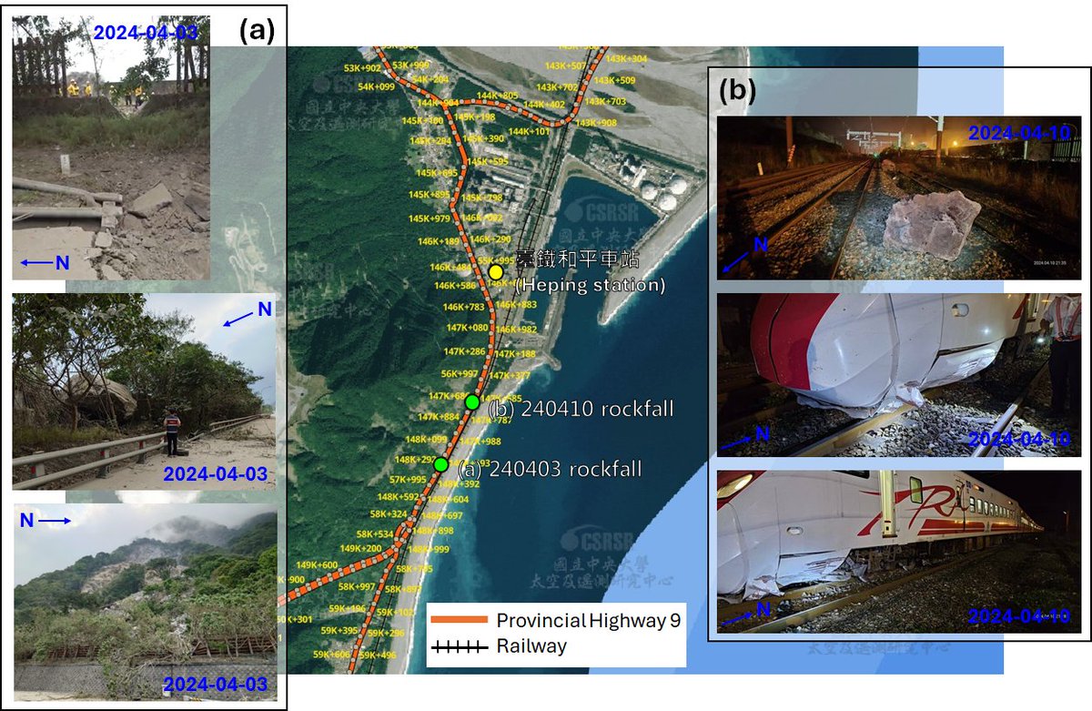 On April 10, a Puyuma Express hit a falling rock and derailed (Fig. (b)). The aftershock of 0403 EQ triggered the rockfall. The investigation at the nearby site on April 3 shows that the upper slope remains unstable and has significant deposits (Fig. (a)).