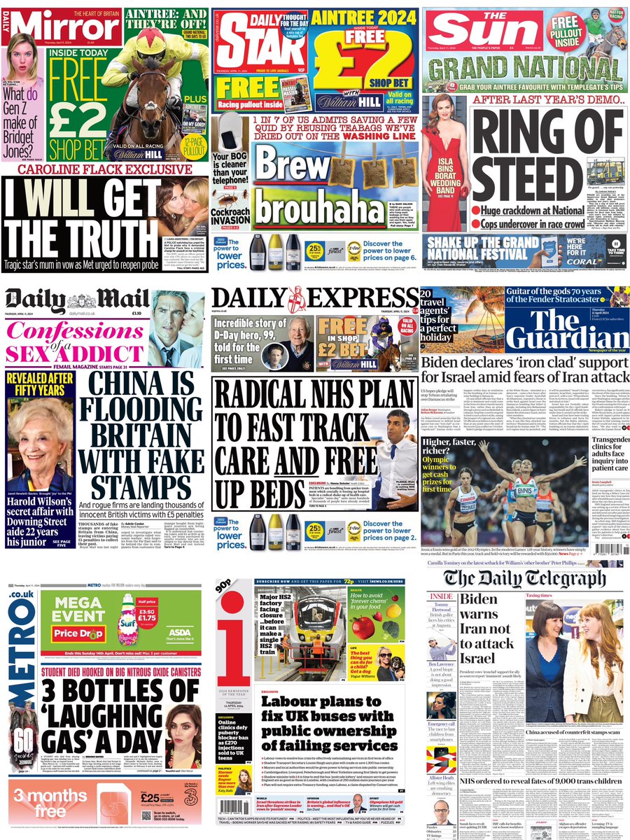 Thursday 11th April 2024
UK national newspaper front page collage #TomorrowsPapersToday #frontpagestoday #ukpapers #frontpages