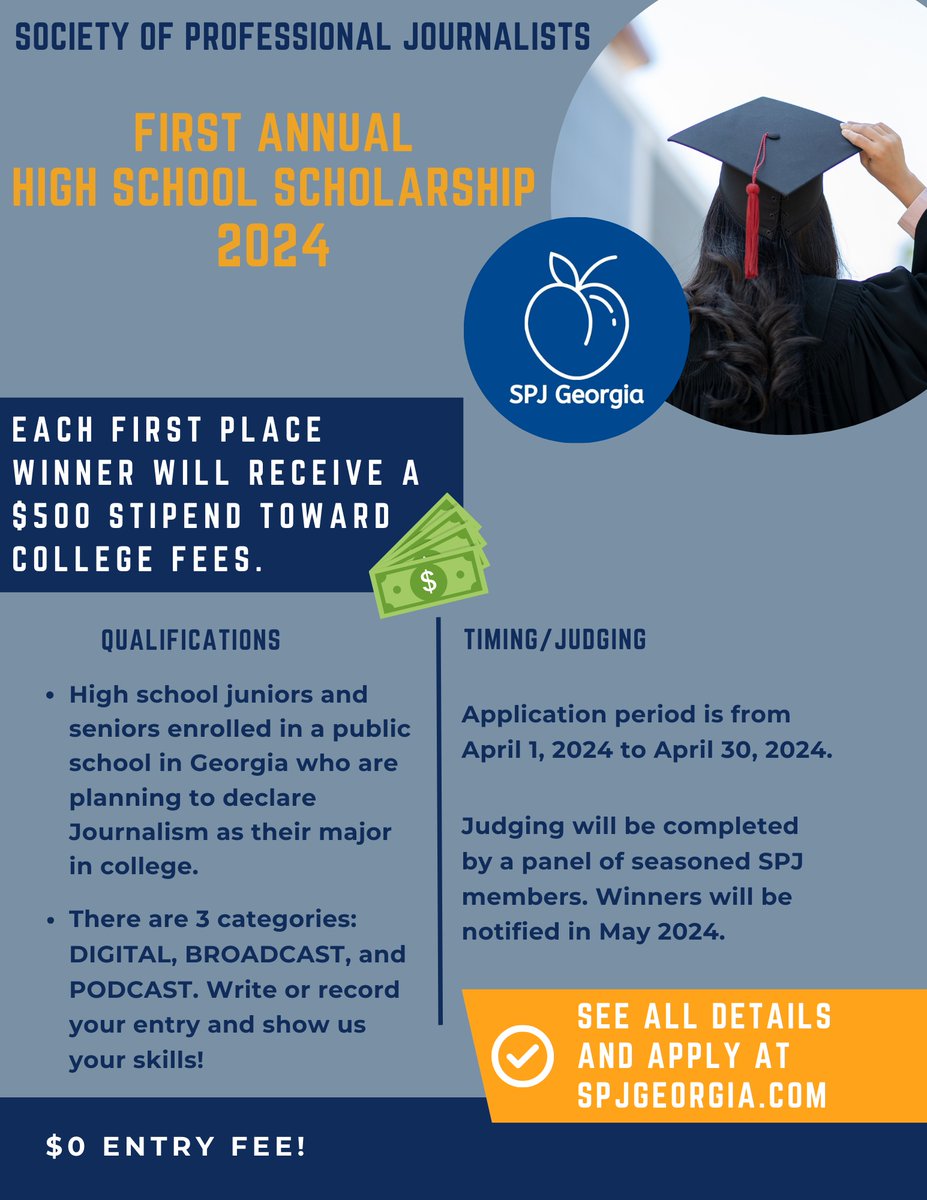 Calling all high school juniors and seniors who have a passion for pursuing journalism in college. This @SPJGeorgia scholarship is for you! Visit our website to apply. The deadline is April 30, 2024.#Journalism #Digital #Broadcast #Podcast