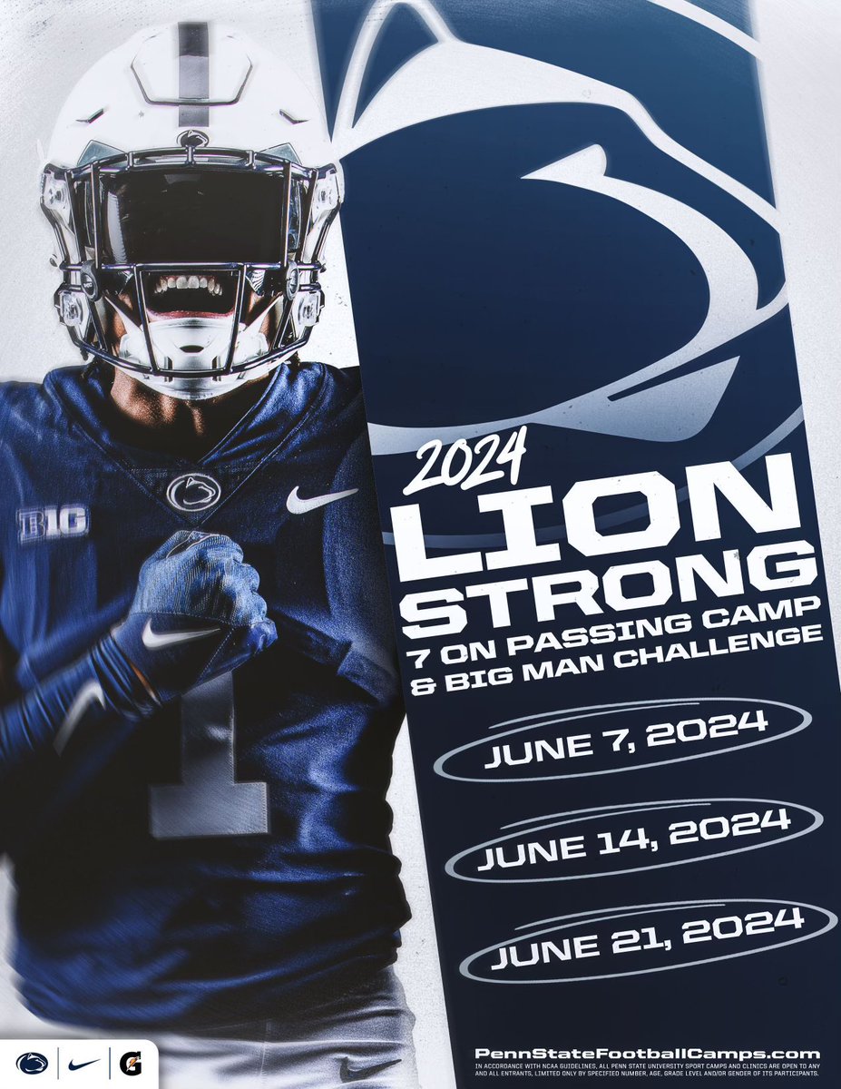 Penn State Football (@pennstatefball) on Twitter photo Come show us what you got during our Lion Strong camps in June 💪
Register → bit.ly/PSULionStrong Come show us what you got during our Lion Strong camps in June 💪
Register → bit.ly/PSULionStrong