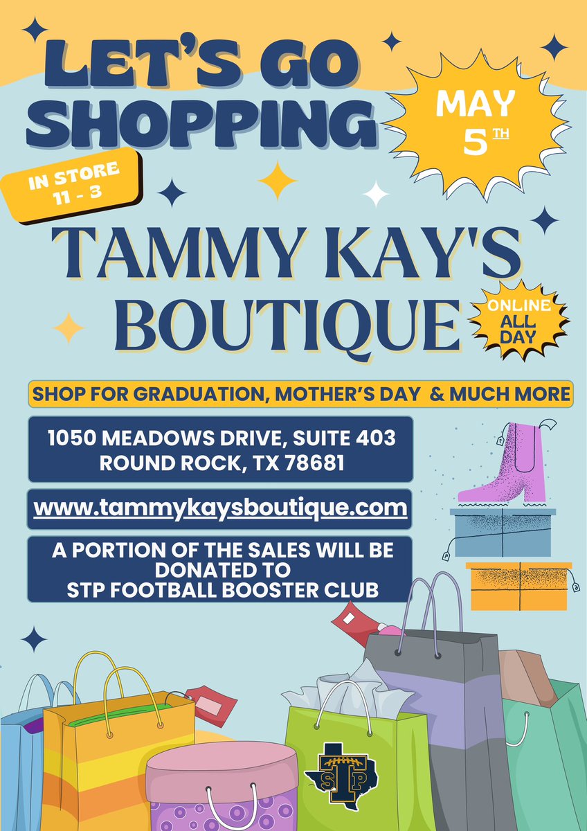 Announcing a special opportunity to support the booster club while you shop for Mother’s Day, graduation, gifts, or for yourself on Sunday, May 5. Join us online or in-store at Tammy Kay’s Boutique: tammykaysboutique.com #SupportStonyPointFootball