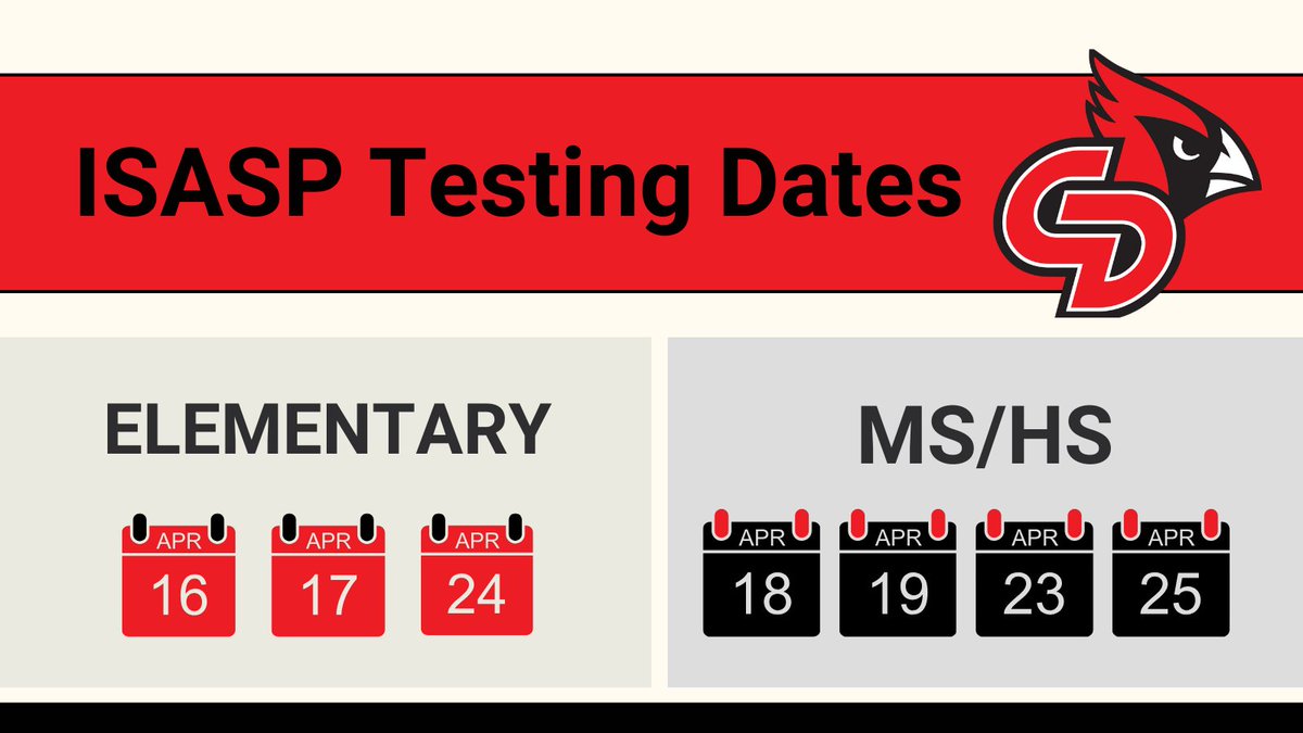 ISASP testing is coming up soon! Here are the testing dates:

Elementary: April 16, 17, 24
MS/HS: April 18, 19, 23, 25

Students, eat a nutritious breakfast and get plenty of sleep on test days to boost your brain power! ⚡#TheRedWay