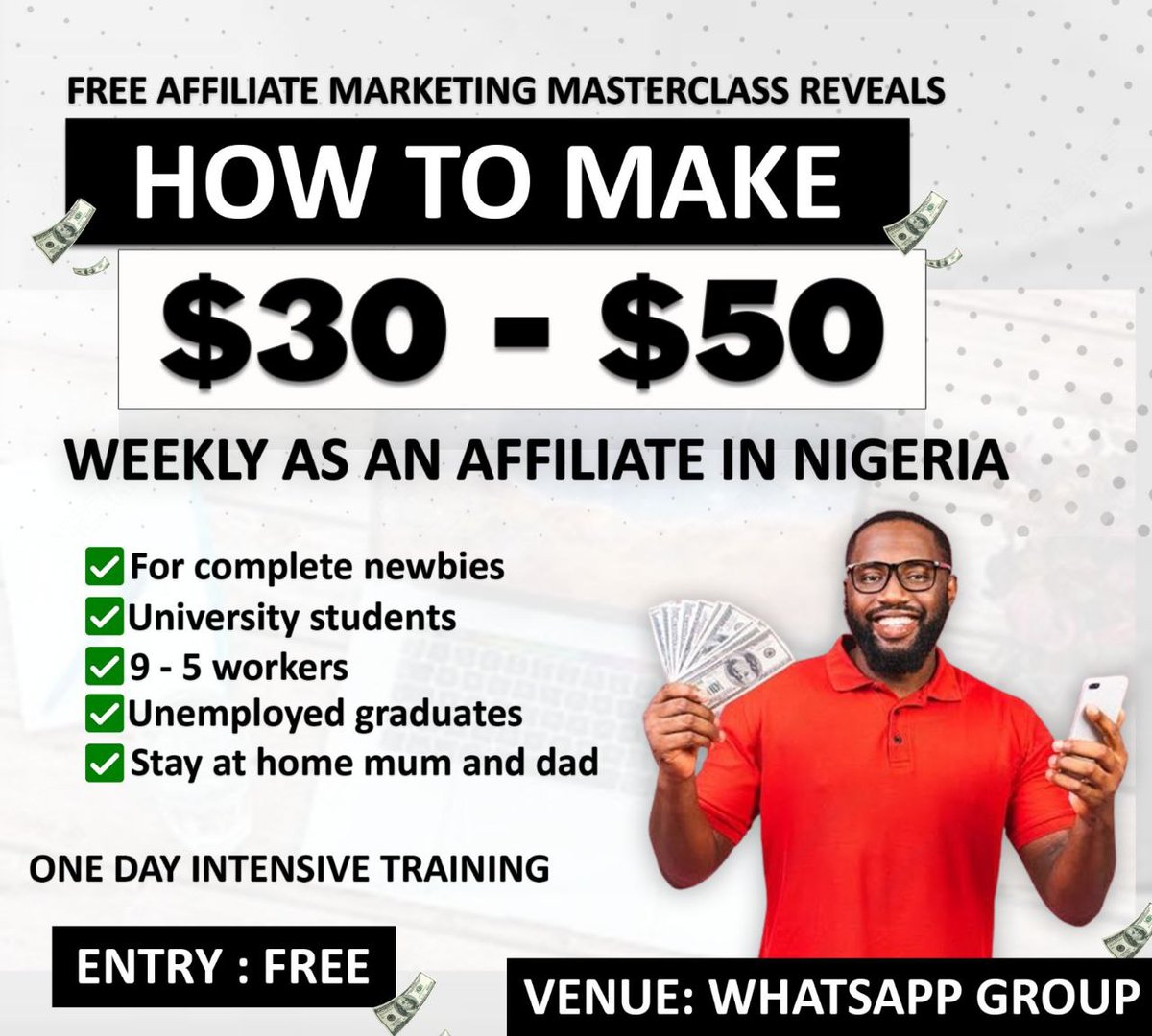 FREE 1-Day Affiliate Marketing Class for the unemployed, parents & undergrads! Unlock the secrets to earning online and transform your financial future. Don’t miss out—secure your spot NOW!
IT'S FREE!!!
🔗[chat.whatsapp.com/FYK8E27flgB16N…] #FreeClass #AffiliateMarketing #EmpowerYourself