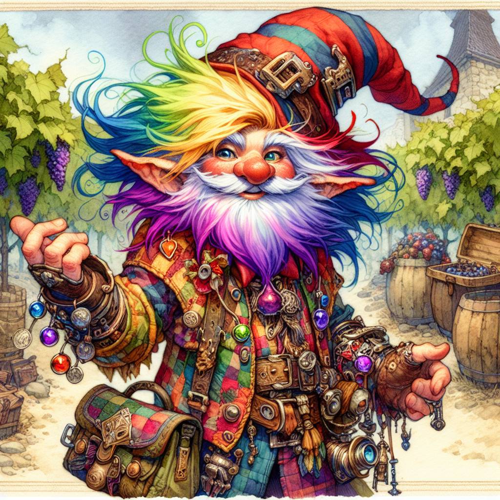 male chaos gnome town brewer (Watercolor) Style litrpgadventures.com #DNDart #TTRPG #DALLE3