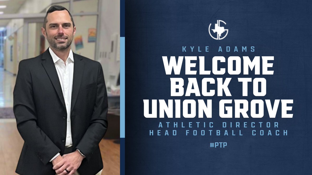 Union Grove Independent School District proudly announces the appointment of Kyle Adams as the new Athletic Director and Head Football Coach. Welcome back Coach! #PTP @Coach_KA @lnjsports @BrandonOSports @DavidSmoak @dctf