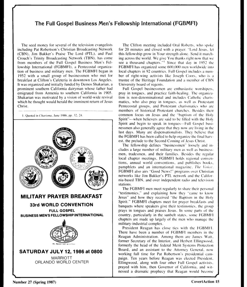 Another sus Prosperity Gospel interlock: Pat Robertson, whose CBN was seeded w/ Demos Shakarian’s Full Gospel Biz Men’s Fellowship Int’l 💸, went on to funnel aid (over $1 bil promised) to the Contras & Efraín Ríos Montt junta under the direction of the State Dept 👀