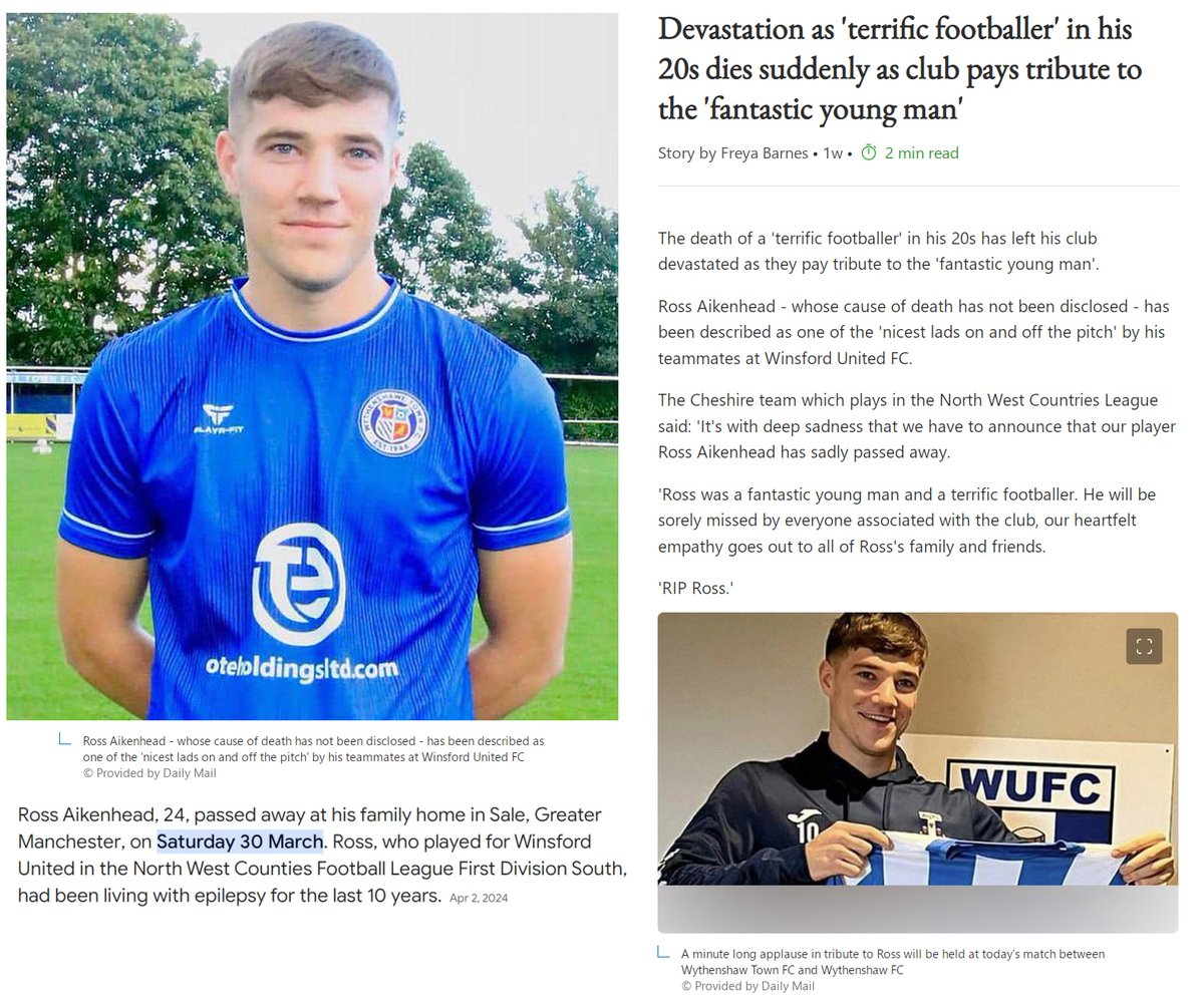 Chesire, UK - 24 year old soccer player Ross Aikenhead, who played for Winsford United FC

died suddenly on March 30, 2024

Cause of death not reported

Although there are reports that Ross had been living with epilepsy, it is well established that COVID-19 mRNA Vaccines can…