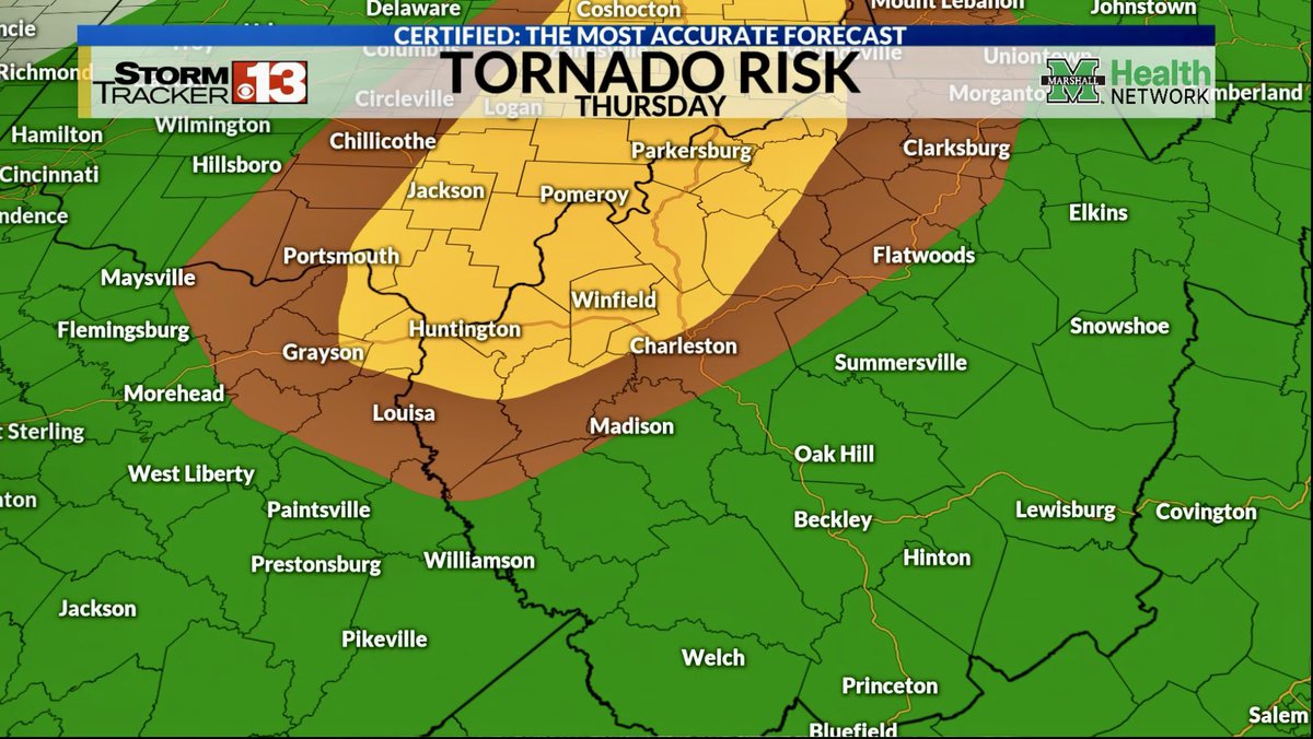 Tornado risk got bumped UP along the Ohio River Valley for Thursday. Focal point of timing is around and after 2pm #wvwx #ohwx #kywx