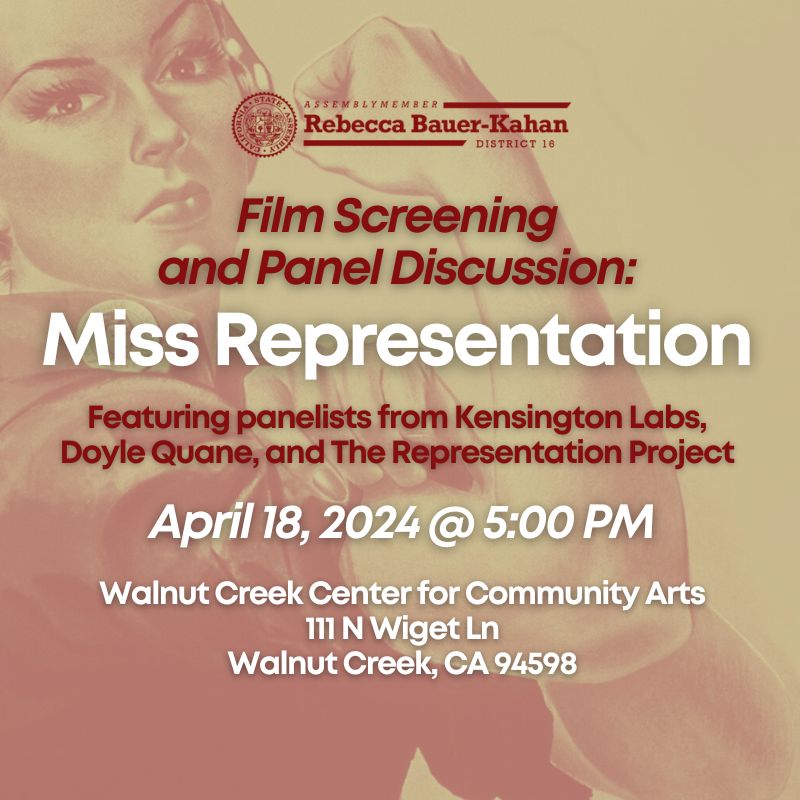 Empowerment on screen! 💪 Join the office of Assemblymember Rebecca Bauer-Kahan in Walnut Creek for a film screening and panel discussion about women's empowerment and underrepresentation in media. RSVP here: buff.ly/4aNDOB8