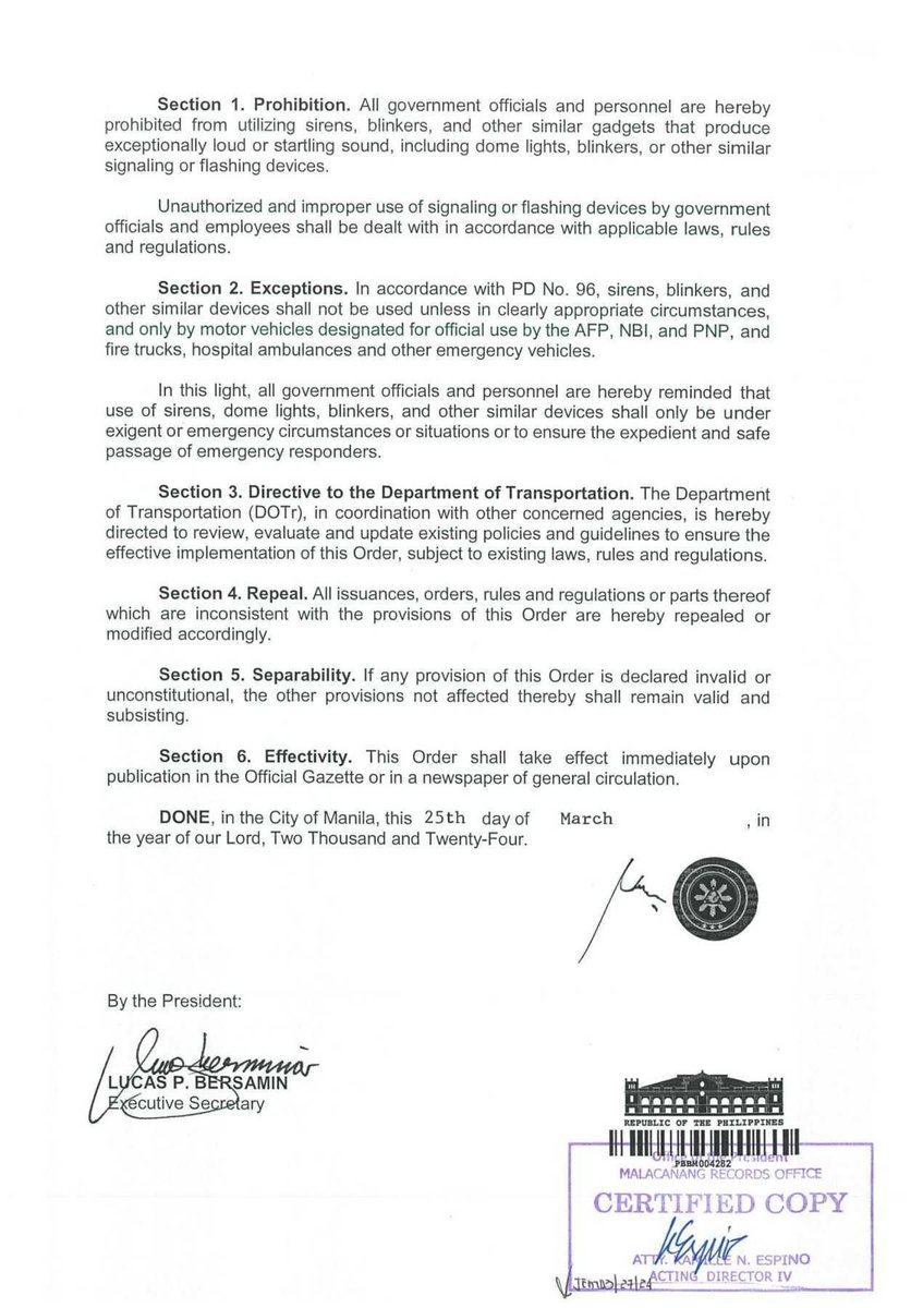 President Marcos has issued Administrative Order 18, prohibiting government officials and personnel from using sirens, blinkers and other similar signaling or flashing devices 'to promote the welfare and well-being of the general public.' | @helenmflores