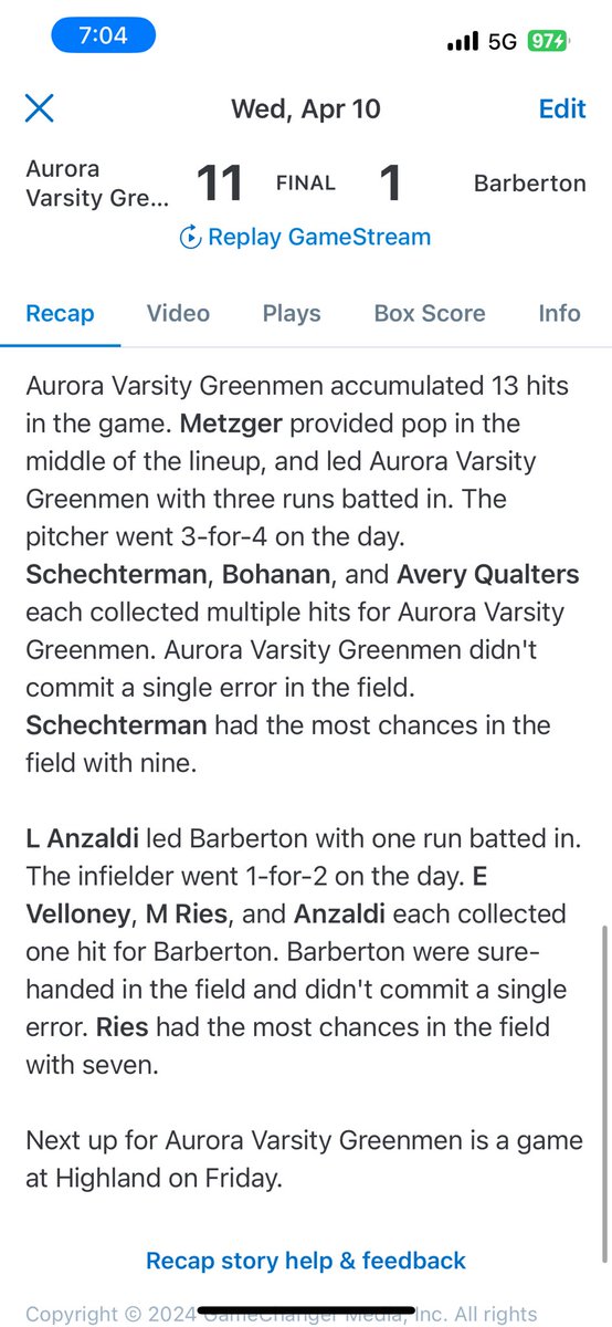 Aurora defeats Barberton 11-1 in 6. @mckennahm2024 gets the W & @sretton2 closed out the last inning striking out 2/3 batters faced! @sschechterman06 with a HOME RUN!!!! #dingerqueen Game recap below 👇🏼