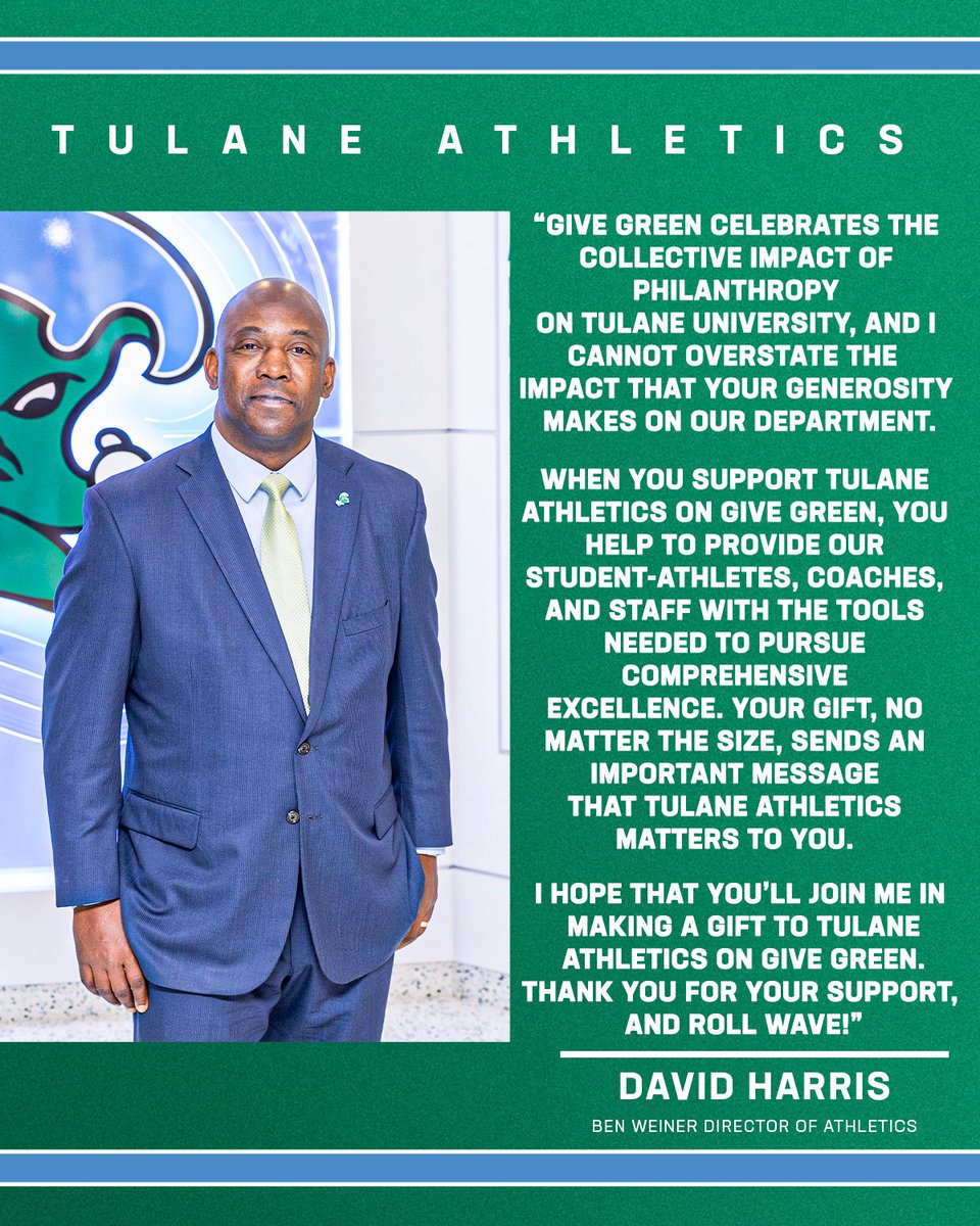 #GiveGreenTU is here!    “Your gift, no matter the size, sends an important message that Tulane Athletics matters to you.”   Join us by making a gift to Tulane Athletics to support our student-athletes!   🔗 bit.ly/3IwgqLF 📞 504-865-5356 📧 greenwaveclub@tulane.edu