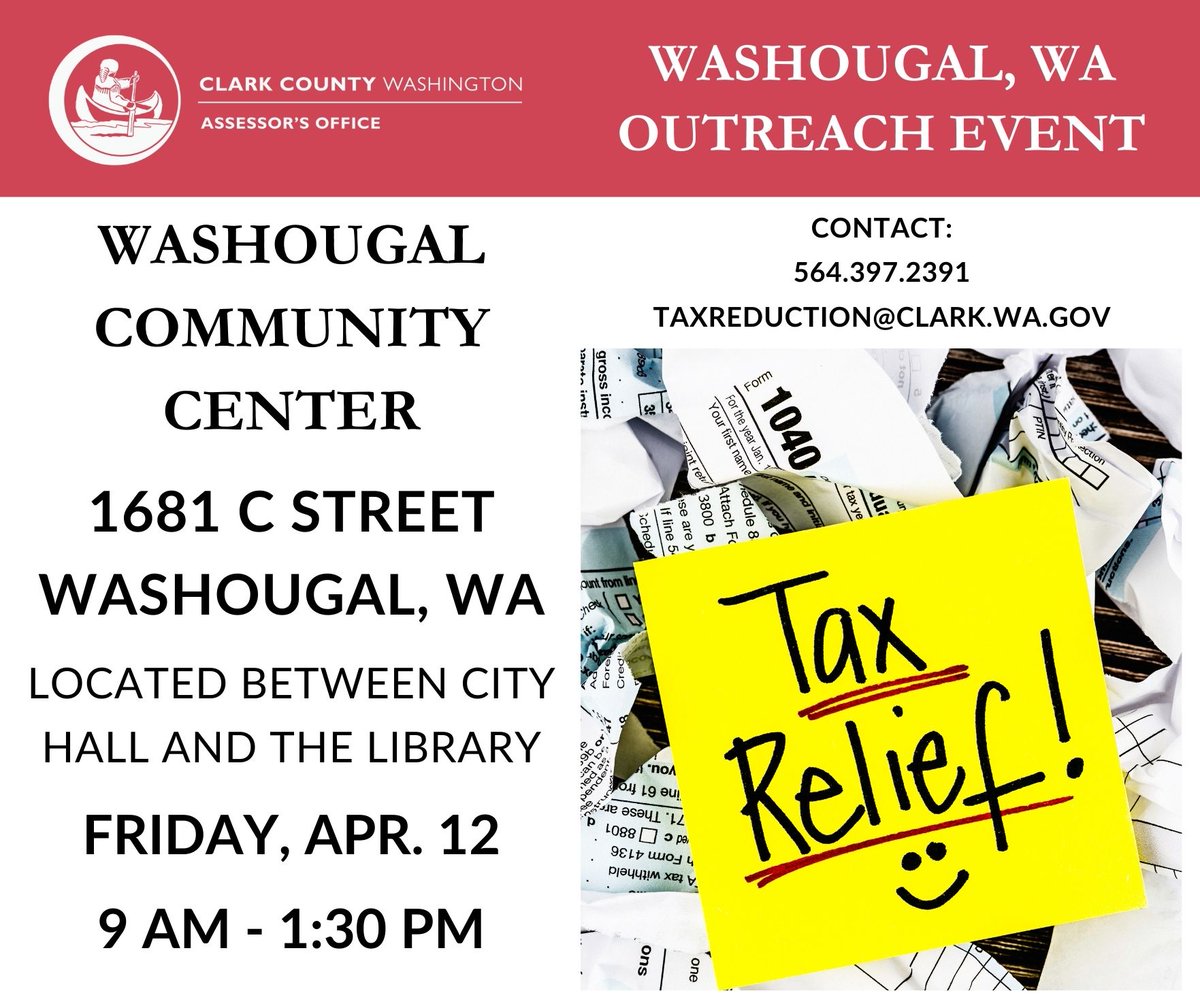 Representatives from the Assessor's office will be in Washougal on Friday, April 12 to assist those interested in applying for the property tax exemption program. Please see below for additional details, and contact the Assessor’s office with any questions! #ClarkWA #TaxExemption