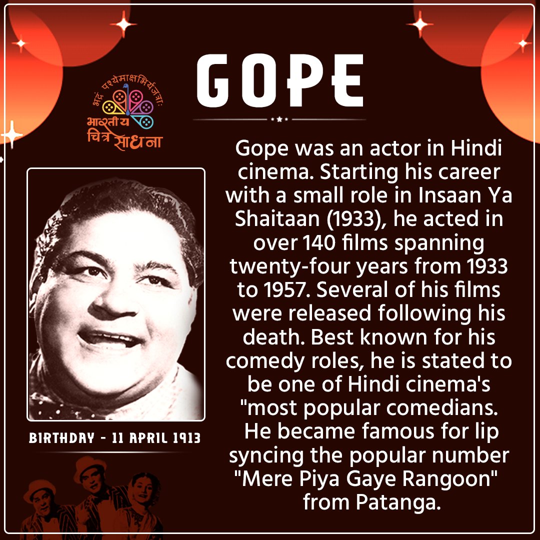 Gope was an actor in Hindi cinema. He became famous for lip-syncing the popular number 'Mere Piya Gaye Rangoon' from Patanga. #Gope #actor #BCS #Panchkulan #filmfestival2024 #CBFF2024 #CBFF #Haryana #festival2024 #indiancinema #bollywood #TheViralIndia #BollywoodLife #FCSI