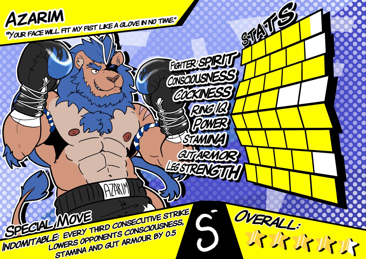 A fighter stat sheet of Aza, done by @FrankFolf! Aza doesn't fight for points; he fights by instinct and the thrill of slamming and battering guys around. You step up to fight Aza, you're not leaving unscathed.