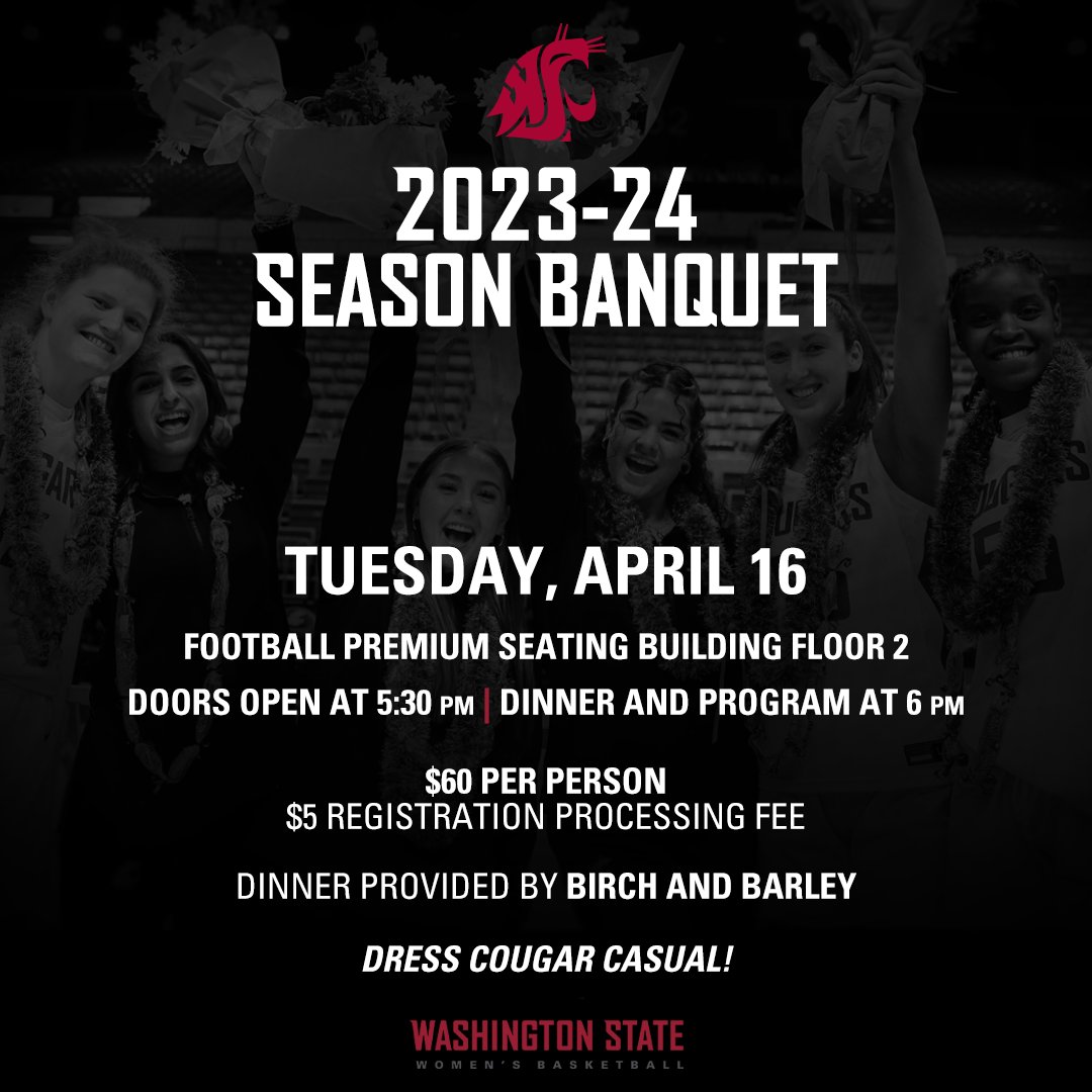 YOU are invited to join us at our year-end banquet on Tuesday, April 16 at 5:30 pm! Join us next week to help us celebrate this team and the season we've had! 🎟 -> bit.ly/4anabH0 #GoCougs