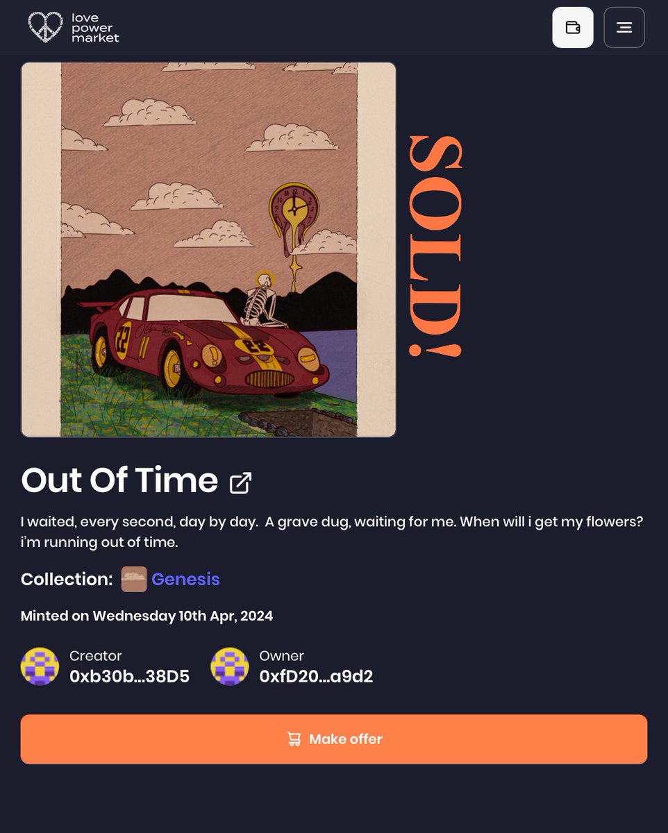 Out Of Time' is now sold to @LovePowerCoin on Ipm.is

List your works in the love power market place today.

#LoveSupports