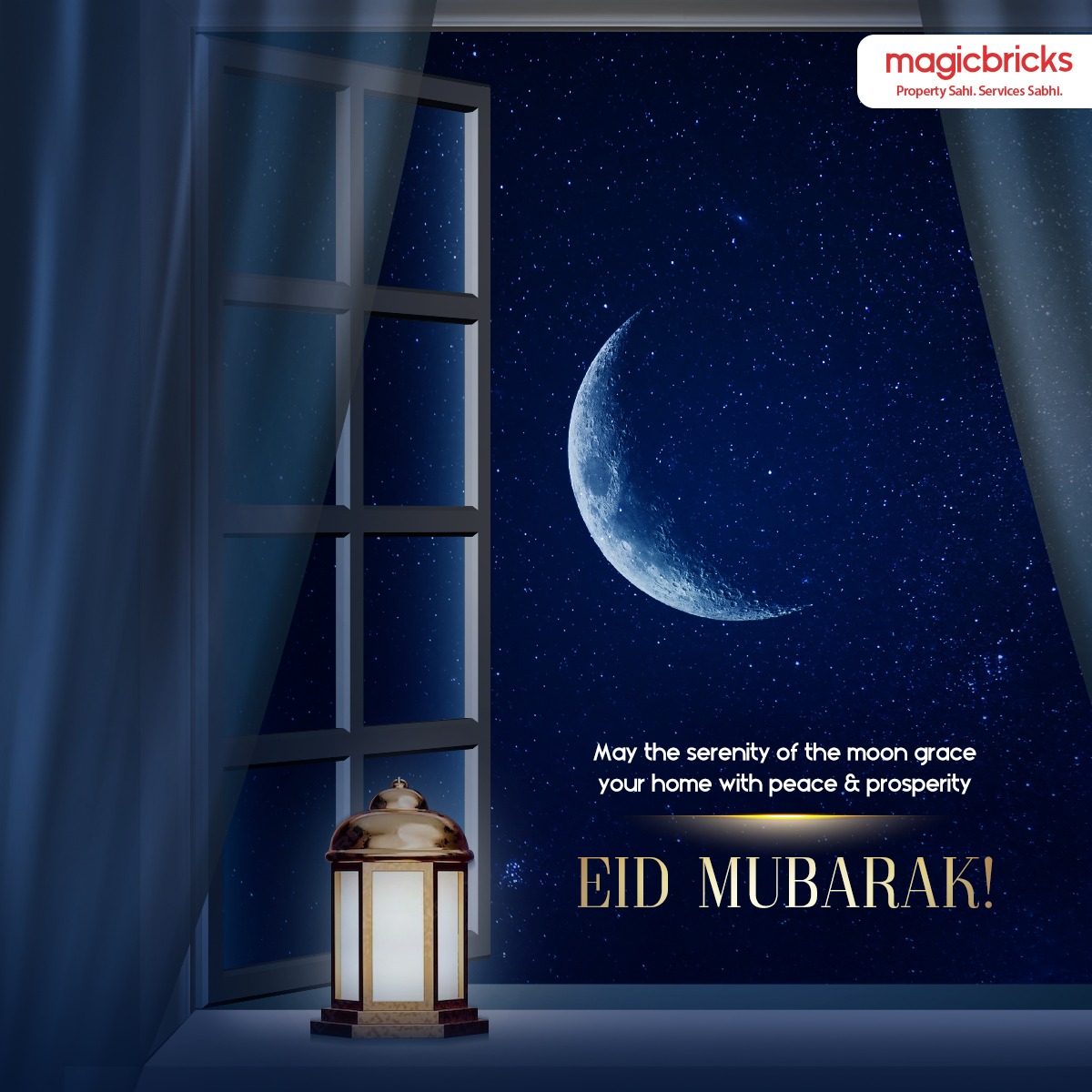 As the crescent moon graces the night sky, illuminating homes with its gentle glow, let us bestow our gratitude for the blessings in life and pray for peace and happiness aplenty. #Magicbricks wishes you Eid Mubarak! #EidUlFitr #PropertySahiServicesSabhi #indianrealestate