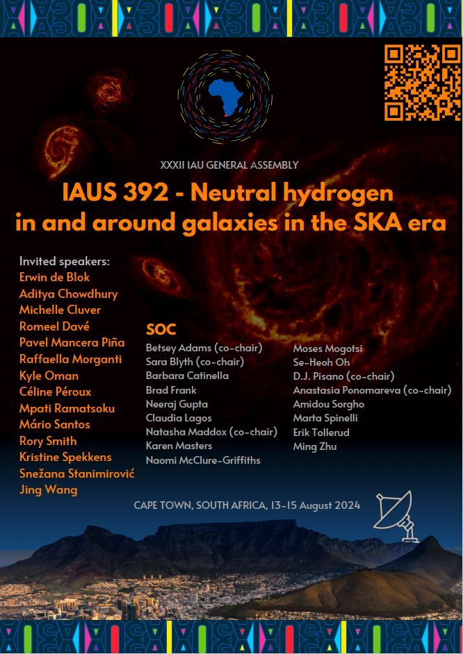 The IAU Symposium on 'Neutral Hydrogen In and Around Galaxies in the SKA Era' will be hosted from August 13– 15, 2024, at the 2024 General Assembly in Cape Town, South Africa. iaus392.saao.ac.za #IAUS392 #IAUGA2024