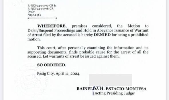 JUST IN: A Pasig court orders the issuance of arrest warrant against televangelist Apollo Quiboloy et al for qualified human trafficking case; denies Motion to Defer or Suspend Proceedings and Hold in Abeyance Issuance of Warrant of Arrest for being a prohibited motion. | via