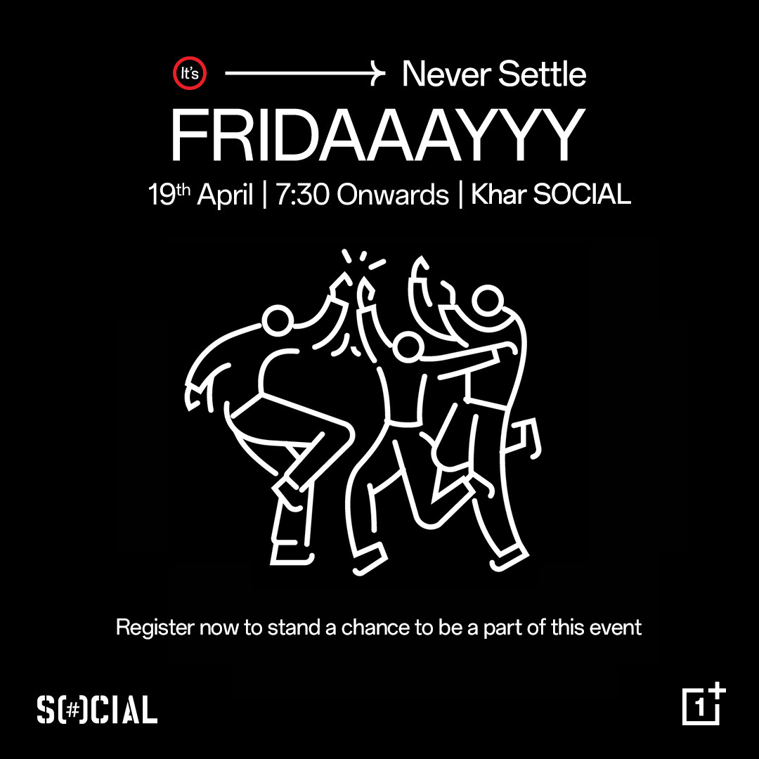 🥳 OnePlus, in collaboration with SOCIAL, is bringing to you Never Settle Fridays- an electrifying night of music 🎶 and games 🎲🎭 curated just for you! 🎉Food and beverages are on us! 🔗Register now forms.office.com/pages/response… #OnePlus #NeverSettleFridays #NeverSettle