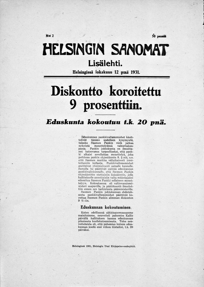 Risto Rytin arkisto Suomen Pankissa urn.fi/URN:NBN:fi-fe2… Risto Ryti kävi syksyllä 1931 kirjeenvaihtoa Ruotsin keskuspankin pääjohtajan Ivar Roothin kanssa. Ruotsi luopui kultakannasta syyskuussa 1931 ja Suomi pari viikkoa myöhemmin 12.10.1931.