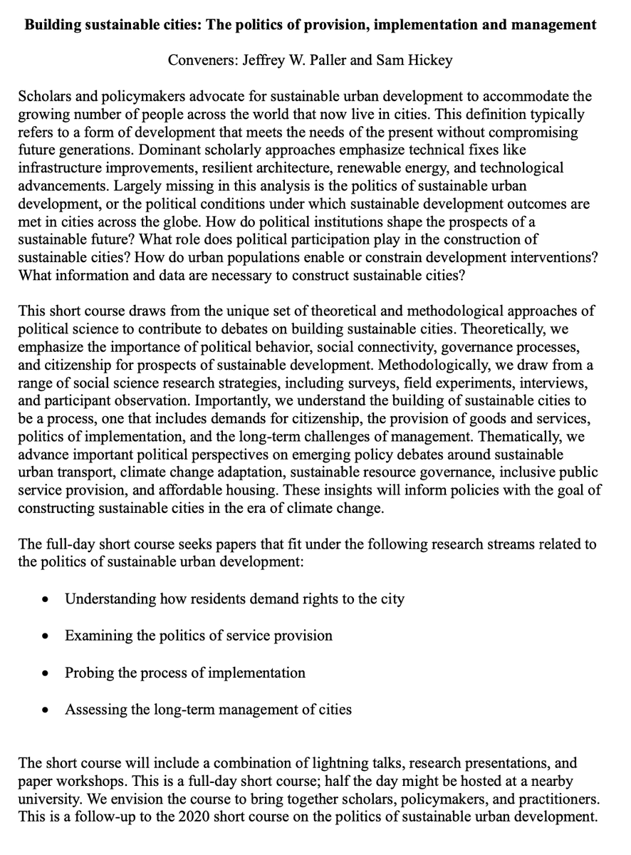 We are excited to announce a call for our APSA short course 'Building sustainable cities' on September 4 in Philadelphia. If you are interested, please fill out this form by May 15: forms.gle/4jN5VZR7z4LCiC…. @apsaurban @AfricanCities_ @veromsherrera @tanu_kumar1 @GLD_Gothenburg