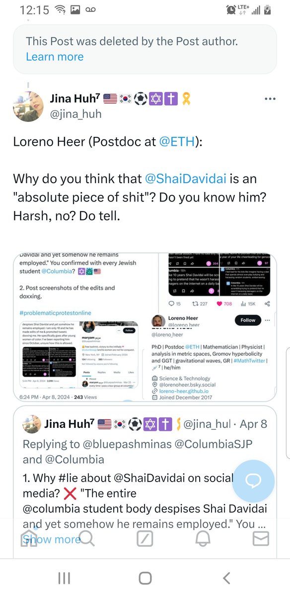 jina_huh's tweet photo. @loreno_heer @bluepashminas @ColumbiaSJP @Columbia @ETH @ShaiDavidai Loreno Heer (@loreno_heer, postdoc at @ETH):
Why did you delete your post about @ShaiDavidai? Are you going to apologize for calling him an "absolute piece of shit"?
#IsraelHamasWar
#problematicprotestonline
#academia
#respectShai https://t.co/JuHPiJaNRG