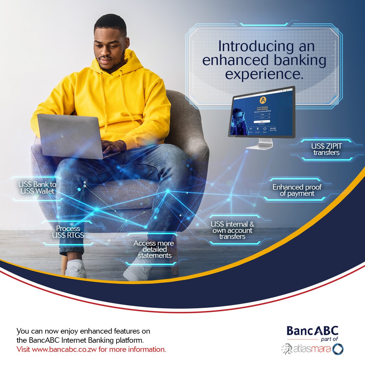 Enjoy enhanced features on the @BancabcZW Internet Banking platform:📱💻 ✅US$ RTGS transfers ✅US$ ZIPIT transfers ✅US$ Internal & Own Account transfers ✅Proof of Payments with digital stamps ✅Detailed statements. Visit bancabc.co.zw for more info. #ATeam😎