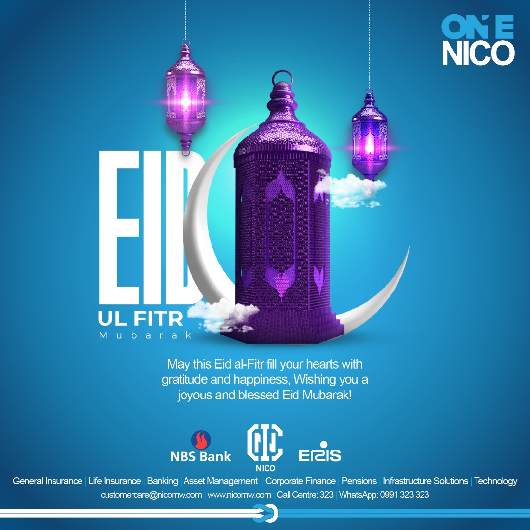 The NICO Group, which includes NBS Bank and ERIS Properties, wishes you Eid Ul Fitr filled with happiness, peace, and blessings. #ItsClear #OneNICO