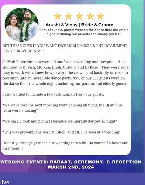 Wow Arushi and Vinay, this review and endorsement absolutely makes our day! Thank you so much!
#ShiVishTeam #clienttestimonial #clientlove #clientreview #clientappreciation #weddingdjs #thankyou #grateful