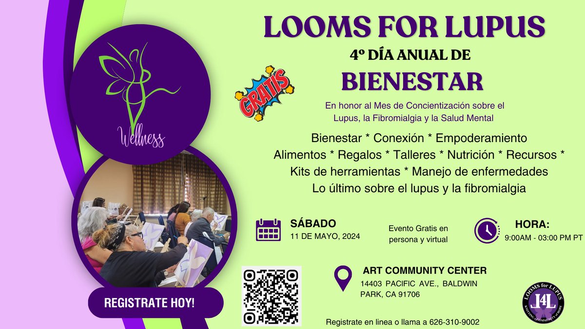 Register NOW for a day of wellness, connection, & empowerment! If you have lupus, fibromyalgia, other autoimmune condition or support someone that does, join us. May 11, 2024 * 10:00AM - 3:00PM PST 📍Art Community Center, Baldwin Park, CA & Virtual ➡️bit.ly/L4LWellnessDay…