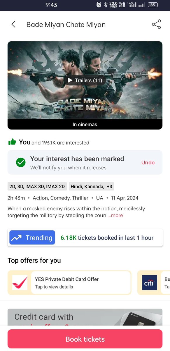 #BMCM 🥵🔥 6.18k tickets Booked in last 1 hour 🔥 #BadeMiyanChoteMiyan #AkshayKumar𓃵 #BadeMiyanChoteMiyanOnEid2024