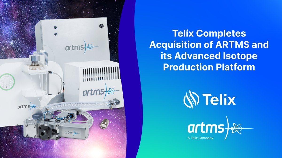 Telix today announces the completion of the acquisition of ARTMS Inc., a leader in “next generation” cyclotron isotope production.​ We are delighted to welcome the @artms_inc team, and their highly differentiated technologies to the Telix Group. More: bit.ly/3xwZ9jM