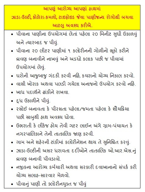 ✳️ આપણું આરોગ્ય આપણા હાથમાં. 💠 પાણીજન્ય રોગોથી બચવા આટલું અવશ્ય કરો. ક્લોરીનયુકત પીવાના પાણીનો જ ઉપયોગ કરો. ખાધ પદાર્થો ઢાંકી ને રાખો,વાસી -ખુલ્લો ખોરાકનો ઉપયોગ ના કરવો. ઝાડા -ઉલ્ટીની અસર જણાયતો ઓ.આર.એસ નો ઉપયોગ કરો. ✅️ સ્વચ્છતા ત્યાં સ્વસ્થતા #healthcare #HealthForall