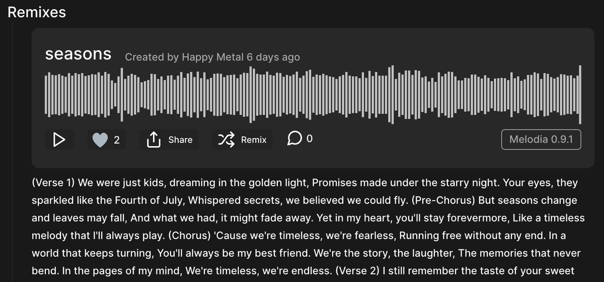 andrewjunyoung's tweet image. I see loads of potential with AI-generated music.

But for now, all of these lyrics sound like they were made by a Europop band speaking only the 500 most common words in English.

sonauto.ai