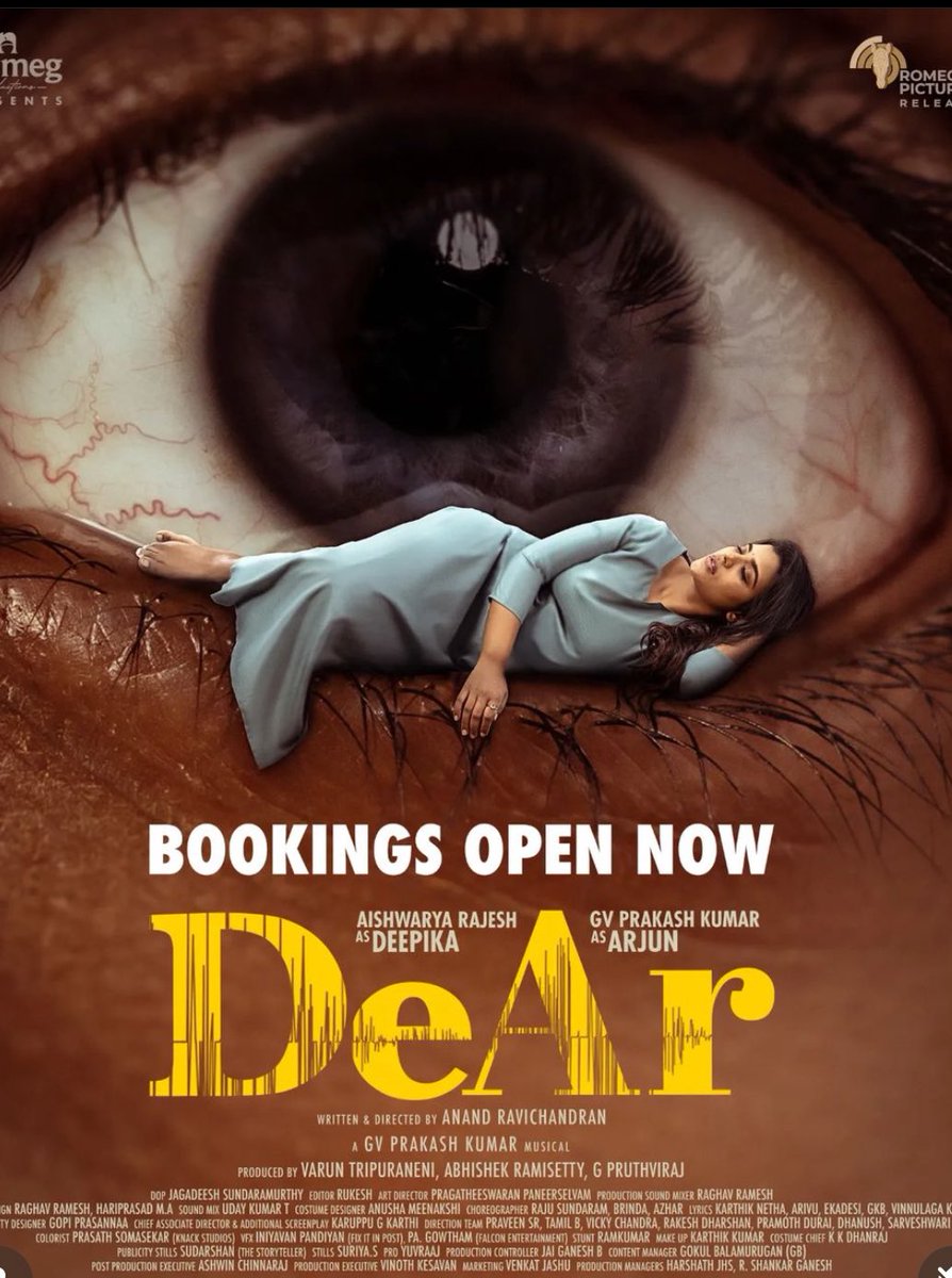 ShowTime : #DeAr Starring : GV Prakash Kumar, Aishwarya Rajesh and others, Directed by Anand Ravichandran Produced by Varun Tripuraneni,Abhishek Ramisetty & G Pruthviraj of Nutmeg Productions, Tamilnadu distribution by Romeo Pictures