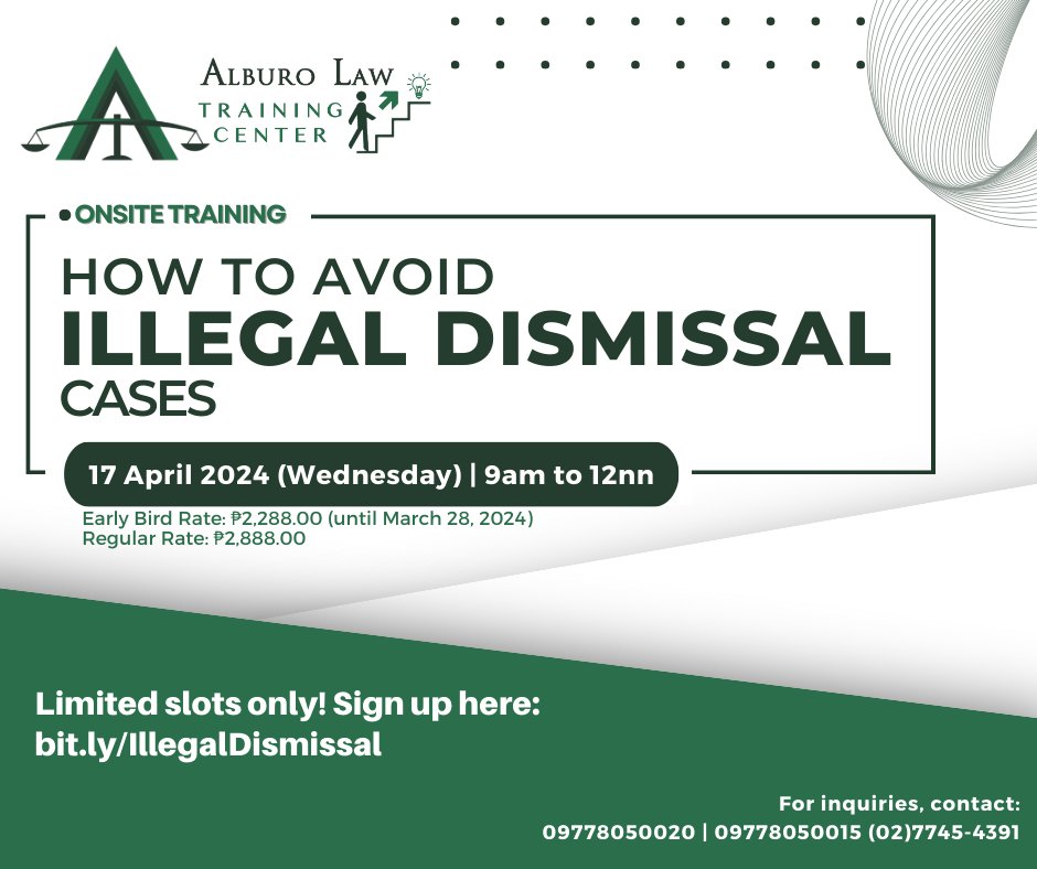 🚨  Illegal dismissal cases are costly to employers. As an employer, how can you avoid it?

🗓 April 17, 2024 (Wednesday)
⏱ 9am-12nn
REGISTER NOW: bit.ly/IllegalDismiss…

#IllegalDismissal #EmployeeDiscipline #LaborLaw #legaleducation #AlburoLaw #Yangtze