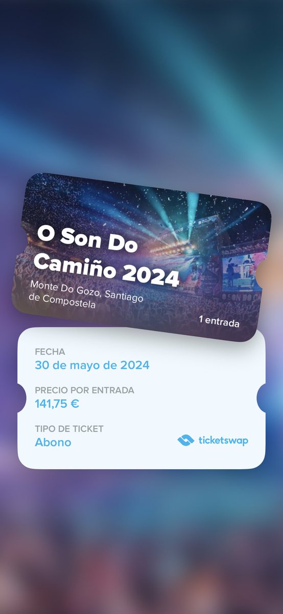 Vendo entrada del Son do Camiño a precio rebajadito ✨🫶🏽

Cómprala de manera segura a través de la app:

ticketswap.com/listing/o-son-…