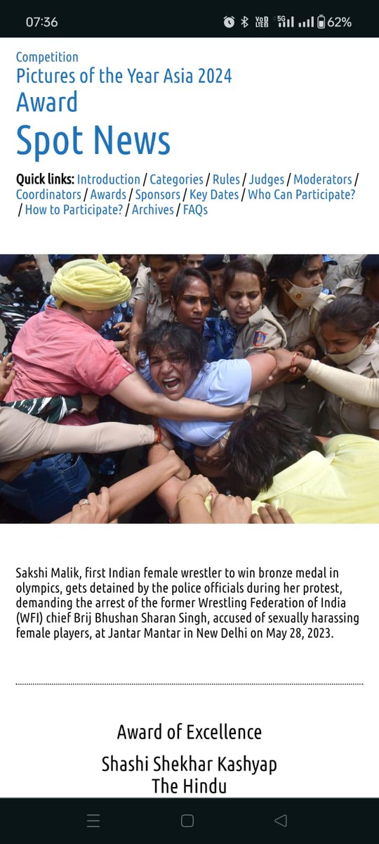 Congratulations @shashiskashyap @the_hindu for winning award at Pictures of the Year Asia 2024 for capturing this moment at the wrestlers protest!