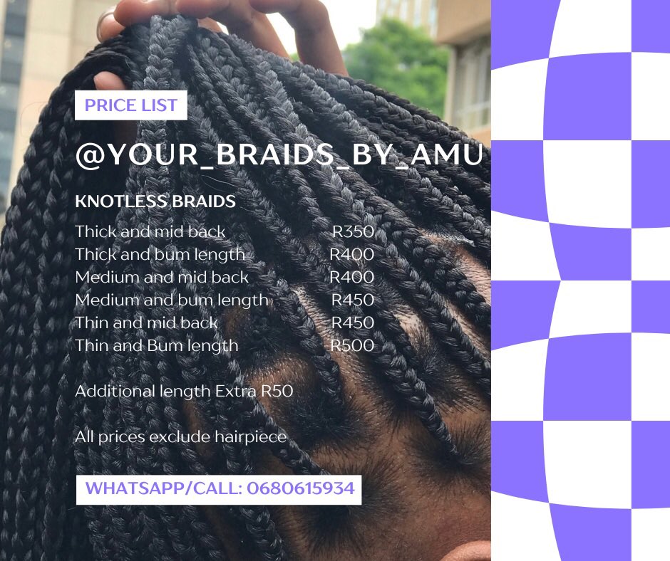 AmuMaluleke2's tweet image. Transform your look effortlessly with knotless braids! Based in Centurion, house calls available on request. DM/WhatsApp for an appointment. #CenturionBraids #KnotlessBraids #GirlTalkZA #braids